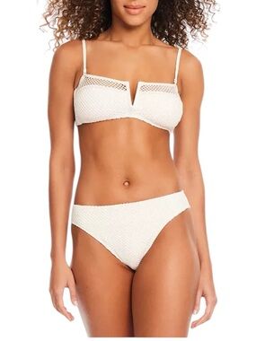 SANCTUARY New V Wire Bandeau Bikini Crochet Mesh Ivory Cream White Sand Sz Large